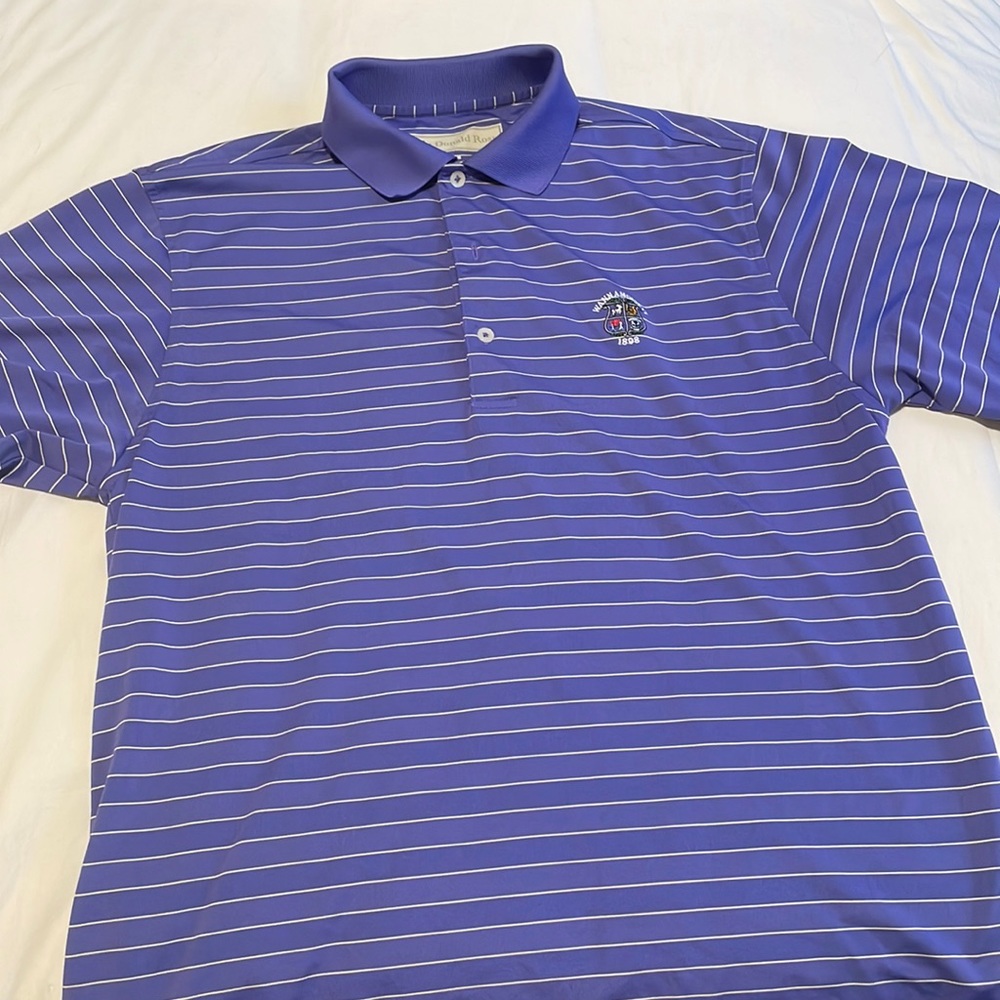 Donald Ross Golf Polo with Wannamoisett Logo Purple/yellow stripe